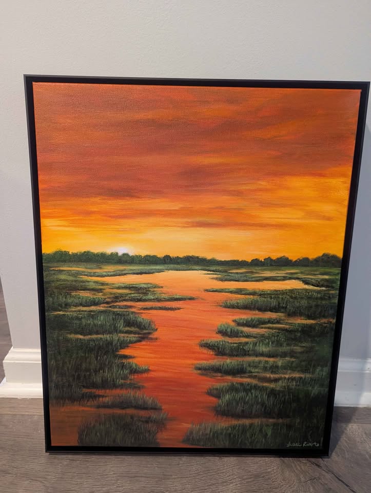 Available original Lowcountry painting Sunset Marsh - 16 x 20 by Leslie Roberts in Huger, SC