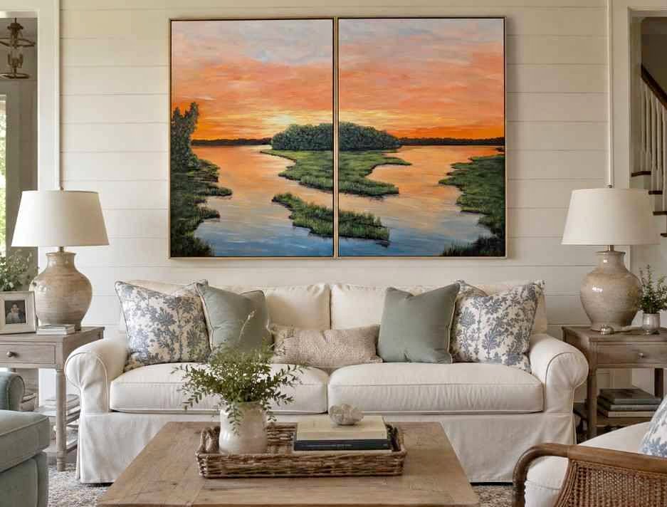 Available original Lowcountry painting Sunset Marsh Diptych by Leslie Roberts in Huger, SC
