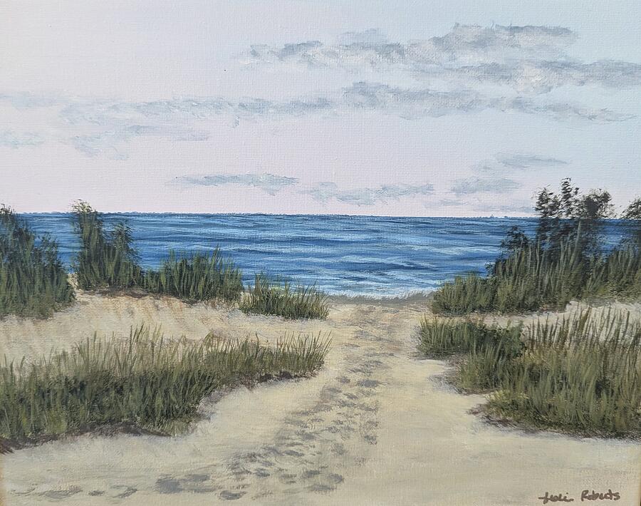 Available original Lowcountry painting Footsteps to the Sea - coastal/beach vibes by Leslie Roberts in Mt Pleasant, SC