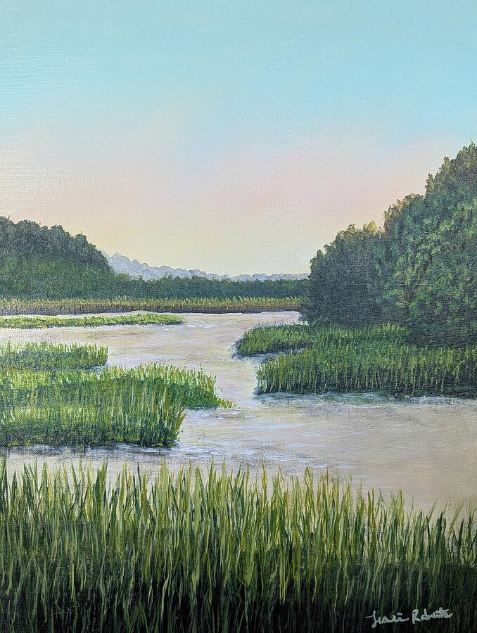 Available original Lowcountry painting Marsh at Dusk by Leslie Roberts in Mt Pleasant, SC