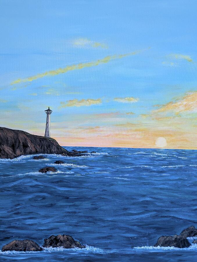 Available original Lowcountry painting Lighthouse and the Sea by Leslie Roberts in Huger, SC